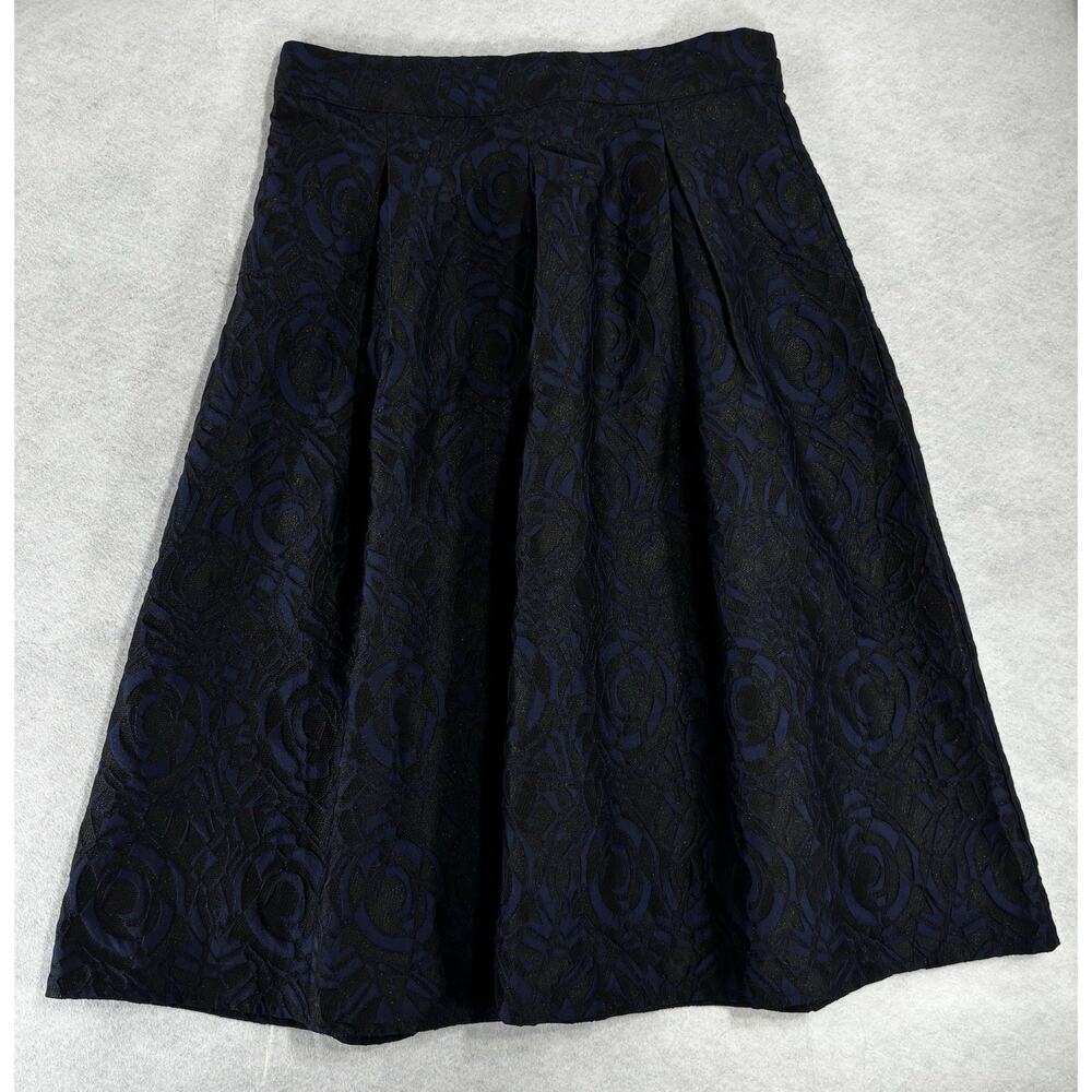 Jenn Blue Black Jacquard Pleated Pockets Midi Skirt S Fit Flare Party Coquette
